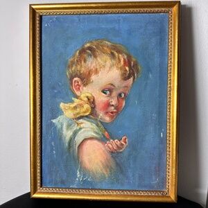 Vintage Oil Painting Boy with Chick Bird Blue Background Gold Frame